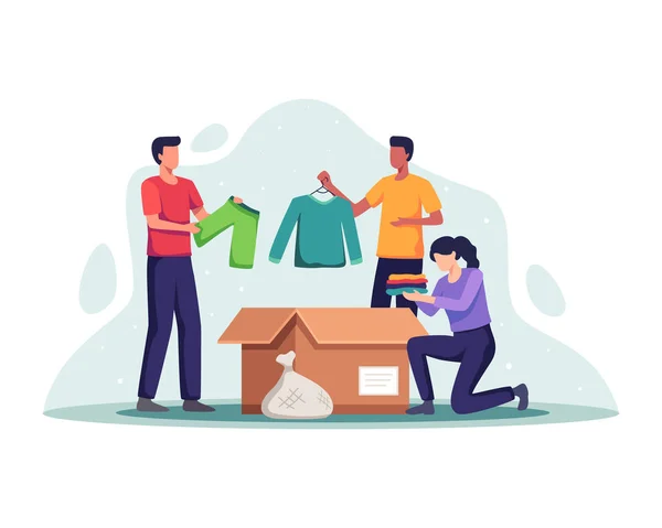 Concepto Donación Ropa Voluntarios Con Caja Donaciones Ropa Embalaje Mujer — Vector de stock