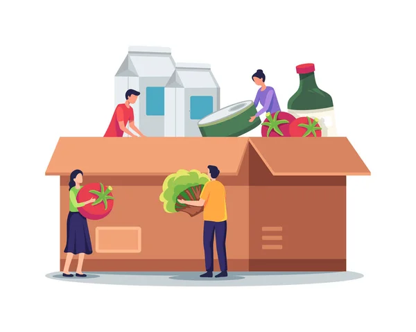 Ilustración Caja Donación Alimentos Personajes Diminutos Llenando Caja Donación Cartón — Vector de stock