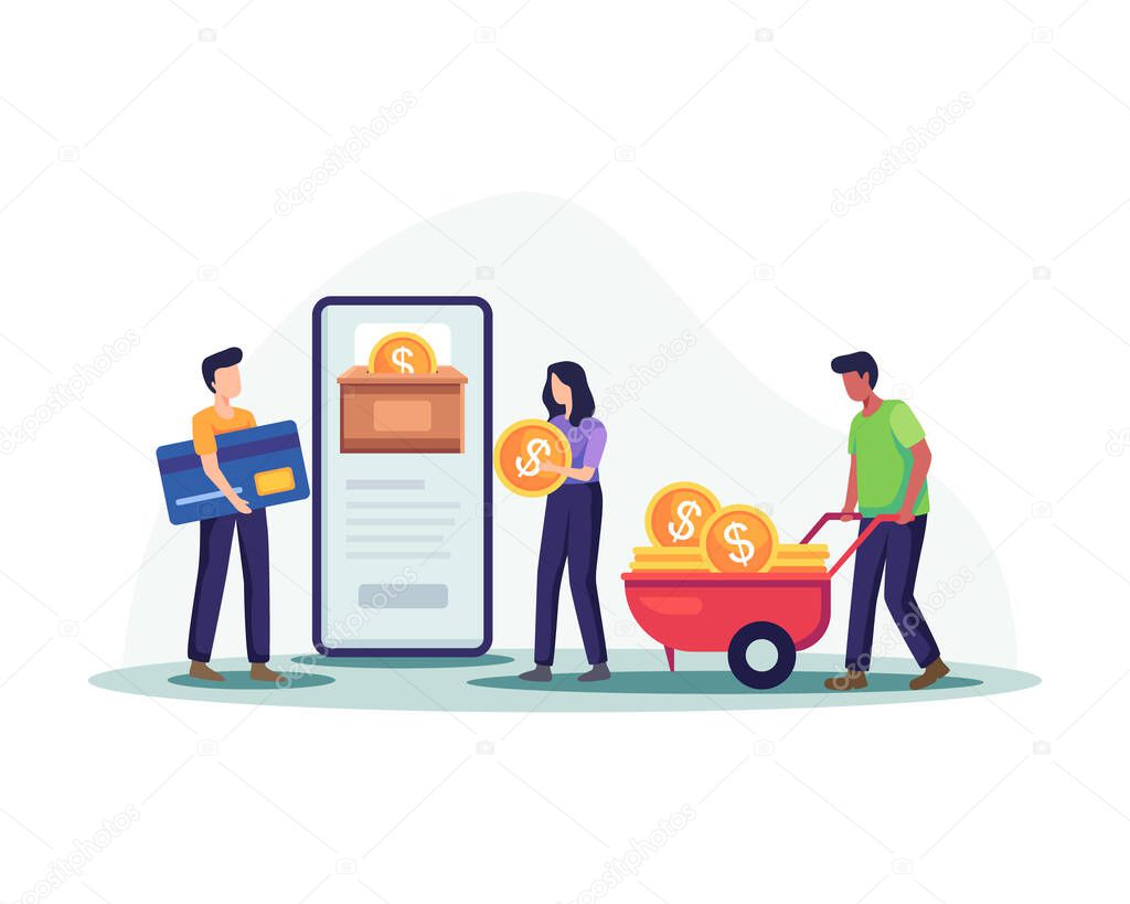 Online money donation illustration. Male and female characters collecting coins and paying by credit card for donated. Donation by online payments, Fundraising technology. Vector in a flat style