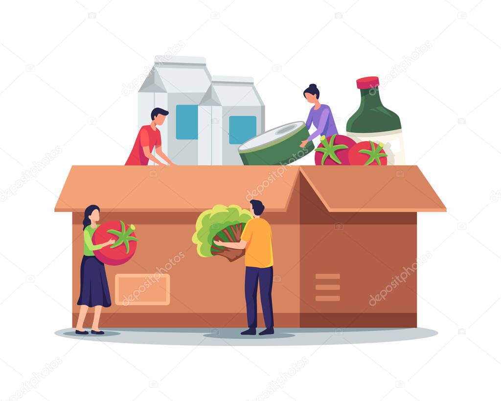 Food donation box illustration. Tiny people characters filling cardboard donation box. Volunteers collect aid with food and groceries for homeless and poor people. Vector illustration in a flat style
