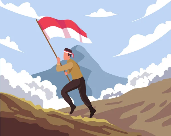 国家英雄日快乐 拿着印度尼西亚国旗跑步的印度尼西亚士兵 印度尼西亚全国英雄日庆祝活动 用扁平的方式表示矢量图解 — 图库矢量图片