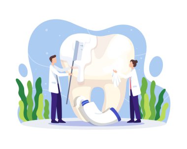 Diş temizleme illüstrasyonu. Ağız sağlığı ve diş sağlığı hijyeni. Diş fırçası ve macunla büyük diş fırçası temizleme ve fırçalama. Düz bir şekilde vektör illüstrasyonu