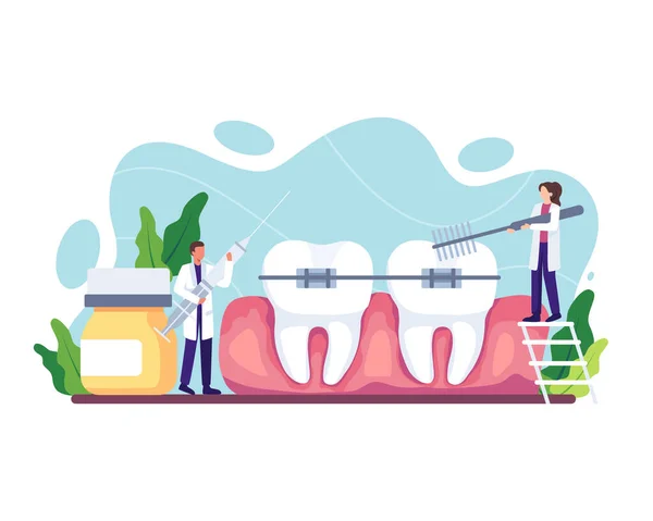 Orthodontic Care Procedure Illustration Dental Doctor Uniform Treating Human Teeth — Stock Vector