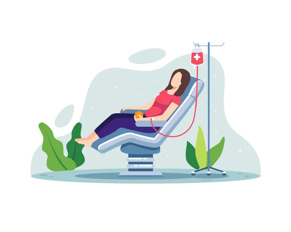献血ボランティア女性 病院の椅子に座って献血するボランティア女性キャラクター 世界献血者デーのコンセプトイラスト 平面状のベクトル — ストックベクタ