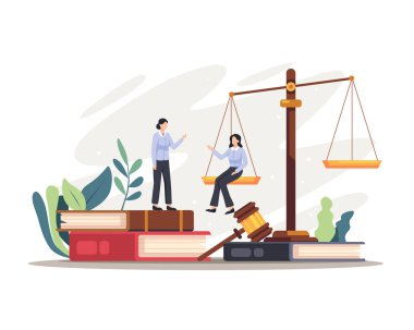 Avukat karakterlerin resimlerini yargılar. Adalet ve federal otorite sembolü, avukatlık mesleği bilgisi. Düz bir şekilde vektör illüstrasyonu