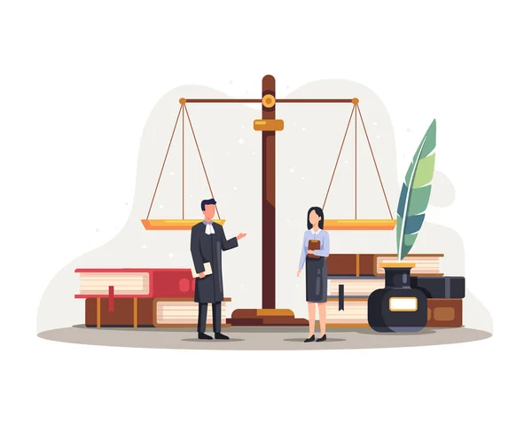 Ilustrace Právní Služby Pojem Práva Spravedlnosti Postavami Soudními Prvky Vektorová — Stockový vektor