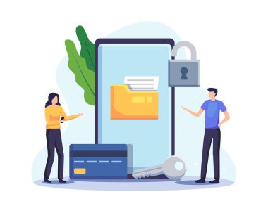 Veri koruma konsepti çizimi. Kredi kartı kontrolü ve erişim verileri gizlidir. Düz bir biçimdeki vektör