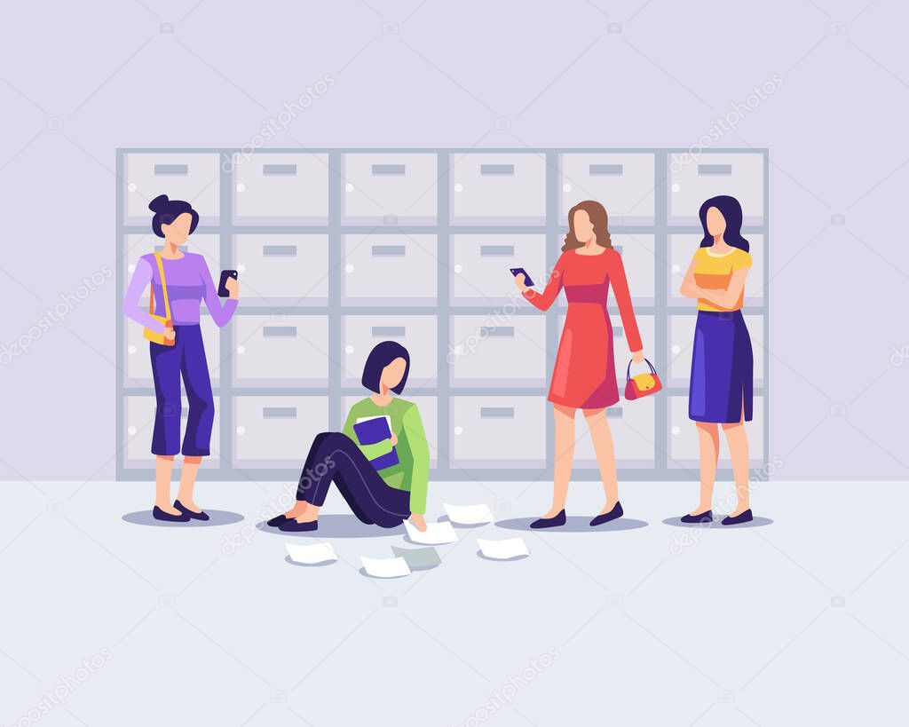 Teenage bullying concept illustration. Sad teenage girl sitting on floor surrounded by classmates mocking her. Vector in a flat style