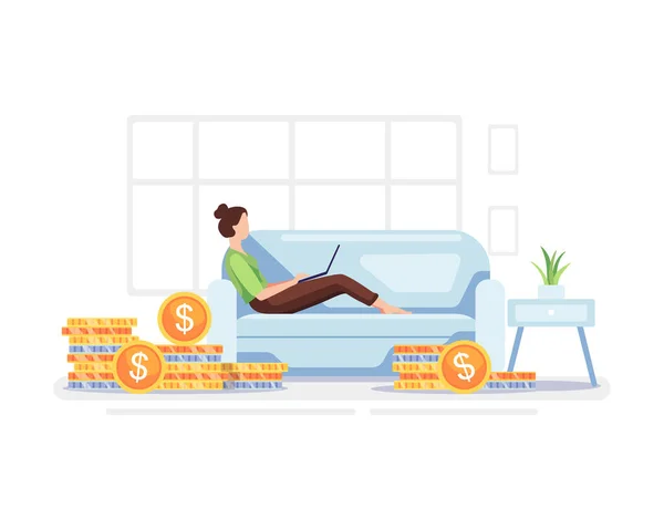 Ilustración Del Concepto Renta Pasiva Mujer Joven Trabajando Casa Con — Vector de stock