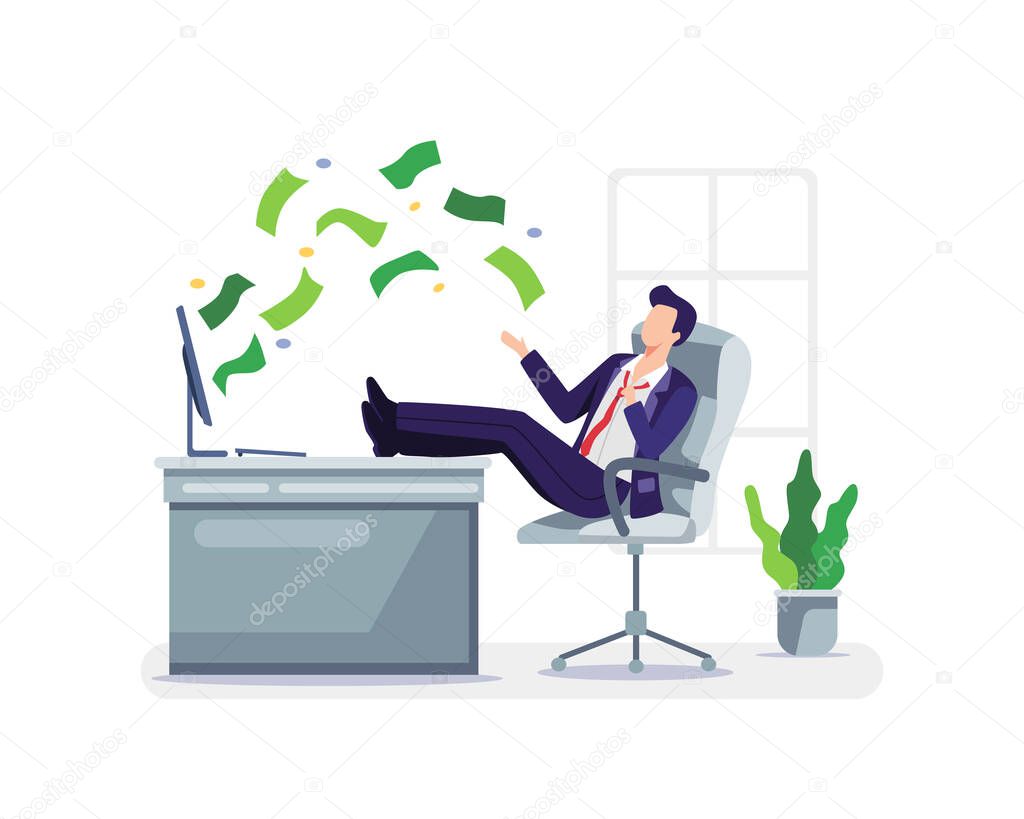 Passive income concept illustration. Business man relaxing in workspace with money coming out of his monitor. Vector in a flat style