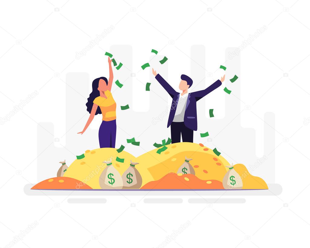 Financial freedom concept illustration. Women and men rejoice with the piles of money they have. Vector in a flat style