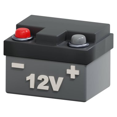 Clean 3D 12-volt VRLA battery for motorcycle service visuals. Motorcycle maintenance 3D rendering illustration