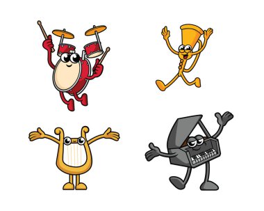 Trampet seti, trompet, arp ve eğlenceli müzik projeleri için piyano karakterleri. Şirin çocuk çizimi