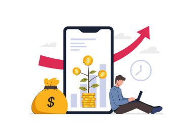 Dizüstü bilgisayarı ve akıllı telefonu olan bir adam yükselen yatırım grafiği ve para çantasını gösteriyor..