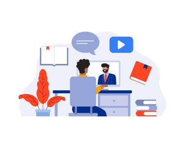 Çevrimiçi eğitim, e-öğrenme, uzaktan çalışma ve dijital sınıf kavramlarının düz vektör çizimi. Çevrimiçi öğrenme illüstrasyonu