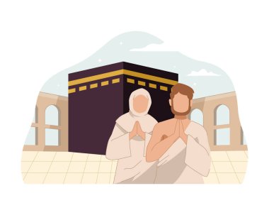 Kabe 'nin önünde birlikte dua eden Müslüman bir çiftin düz çizimi. Kurban Mübarek İllüstrasyonu