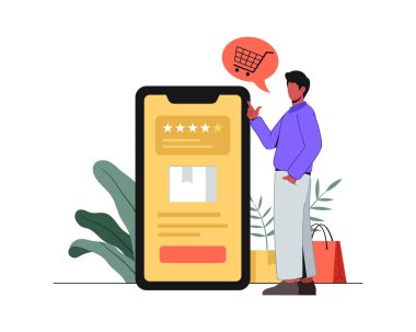 İnternetten cep telefonu kullanan ve satın aldıktan sonra ürün değerlendirmesi yapan bir adam..