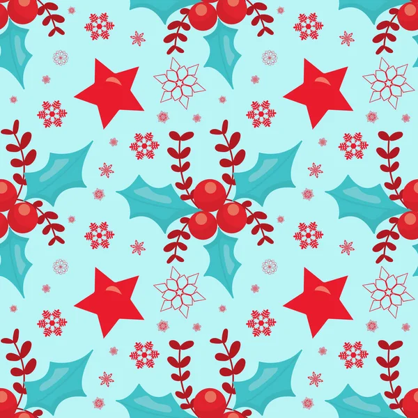 手绘抽象的圣诞无缝图案 冬青浆果和星星与婴儿蓝色背景隔离 — 图库照片