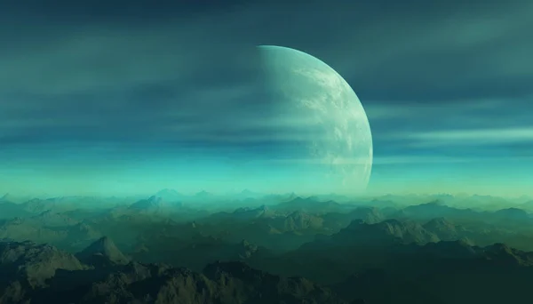 Трехмерное Космическое Искусство Планета Пришельцев Фантастический Ландшафт Голубым Небом Облаками — стоковое фото
