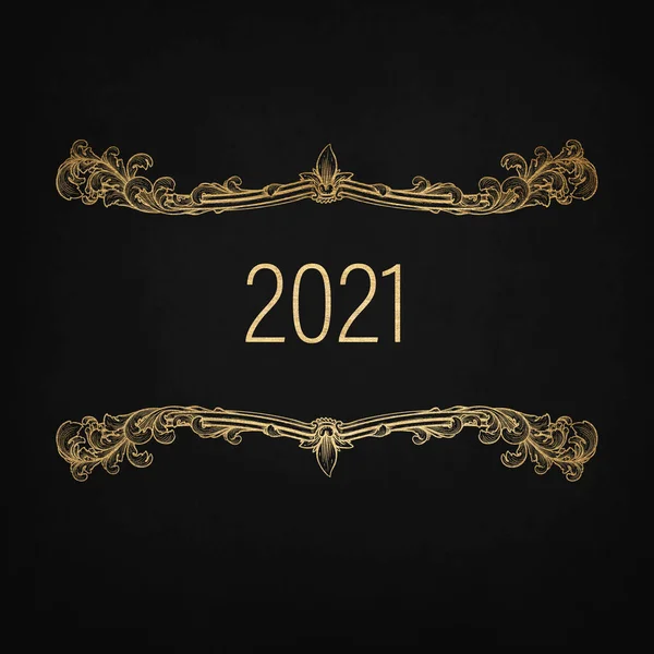 黑色背景 饰有华丽的金色饰物 金相框2021年新年快乐 — 图库照片