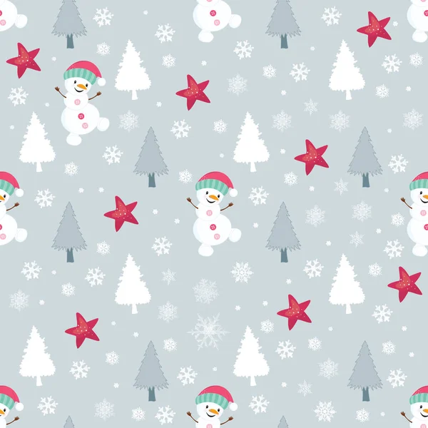 Рождественский Бесшовный Узор Снеговиком Елками Звездами Ярко Серый Фон Новый — стоковое фото