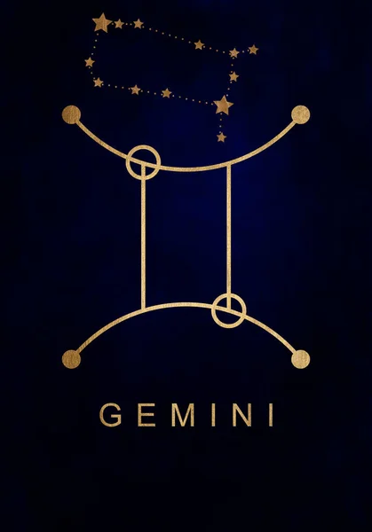 ジェミニ星座のサイン 深い青の背景にゴールドジェミニホロスコープシンボル星座 — ストック写真
