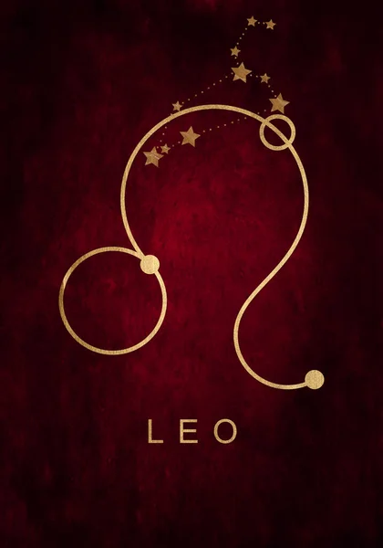 Leo constellation astrology illustration. Stars on dark red background. Leo is a fire sign.