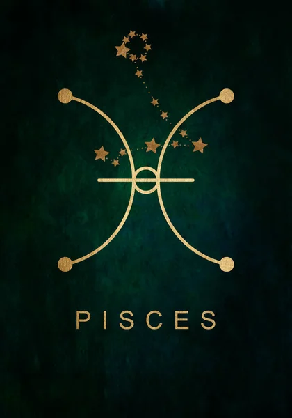 Pisces constellation astrology illustration. Stars on dark green background. Pisces is a water sign.