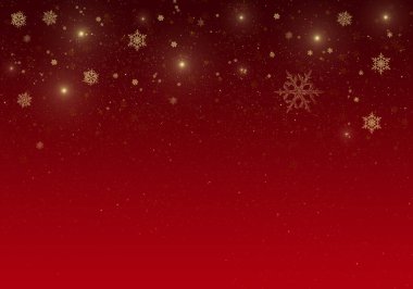 Kar zemini. Odaklanmış altın tanecikleri ve ışıltılarıyla kırmızı Noel karı. Kar yağarken kış konsepti. Tatil dokusu ve beyaz kar taneleri.