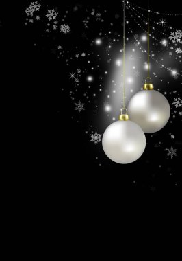 Noel arkaplanı beyaz Noel topları ve ışıltılarıyla kaplıdır. Yeni yılınız kutlu olsun. Zarif Xmas afişi ya da poster. Boşluğu Kopyala.