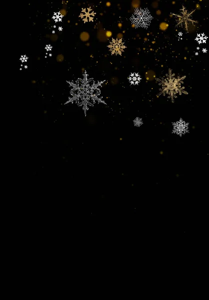 Gouden Zilveren Sneeuwvlokken Zwarte Achtergrond Winter Kerst Illustratie — Stockfoto