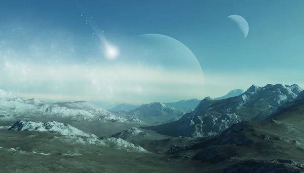 Renderizado Arte Espacial Planeta Extraterrestre Paisaje Congelado Fantasía Con Planetas — Foto de Stock