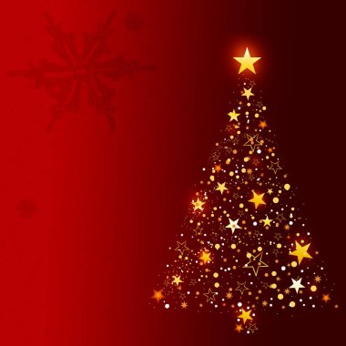 Yıldızlardan yapılmış Noel ağacı ve kırmızı arka planda parıltılar