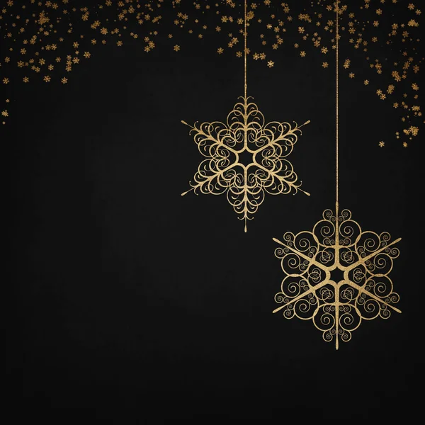 Elegante Zwarte Antraciet Winter Achtergrond Met Gouden Sneeuwvlokken Sprankelingen Kerstkaart — Stockfoto