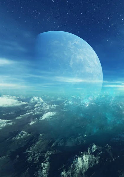 Renderizado Arte Espacial Planeta Extraterrestre Paisaje Congelado Fantasía Con Planetas — Foto de Stock
