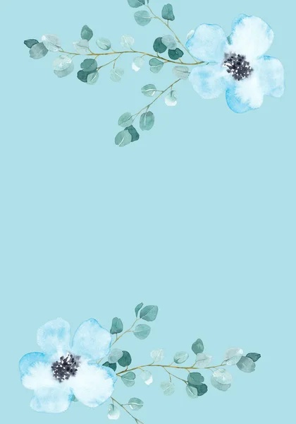 Бледные Акварельные Листья Цветы Голубом Фоне Вертикальное Ботаническое Оформление Баннера — стоковое фото
