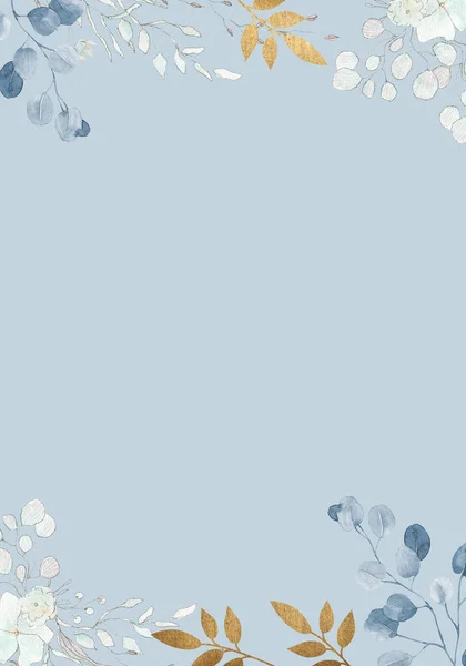 Бледные Акварельные Листья Цветы Голубом Фоне Вертикальное Ботаническое Оформление Баннера — стоковое фото