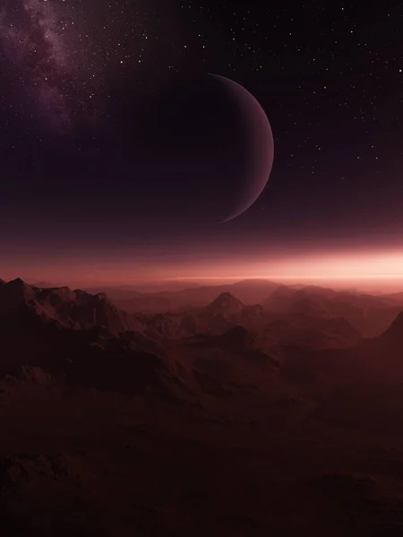Рендеринг Space Art Alien Planet Фантастичний Пейзаж Червоним Небом Зірками — стокове фото