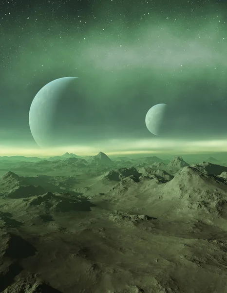Renderizado Arte Espacial Planeta Extraterrestre Paisaje Fantasía Con Cielos Verdes — Foto de Stock