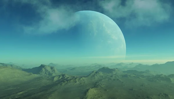Yapılandırılmış Uzay Sanatı Uzaylı Gezegenleri Mavi Gökyüzü Bulutlu Fantezi Manzarası — Stok fotoğraf