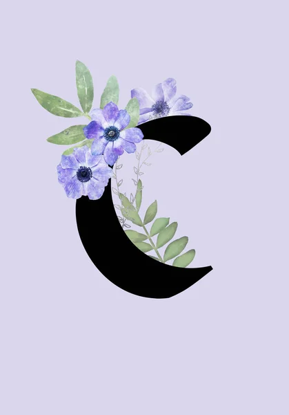 Floral Μονόγραμμα Γράμμα Διακοσμημένο Μπλε Άνθη Ανεμώνης Και Φύλλα Νερομπογιάς — Φωτογραφία Αρχείου