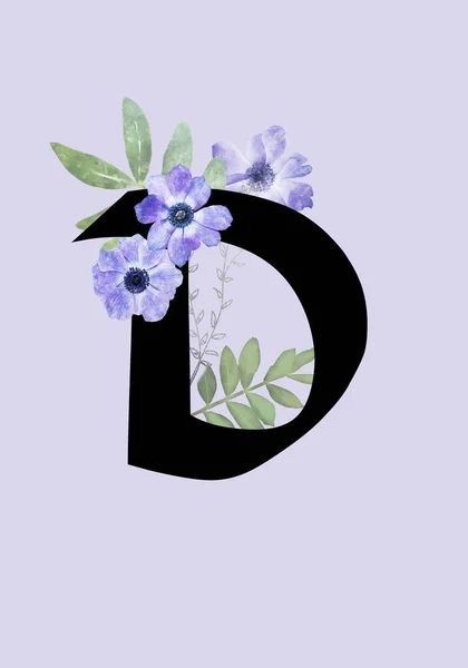 Bloemen Monogram Letter Versierd Met Blauwe Anemoon Bloemen Aquarel Bladeren — Stockfoto