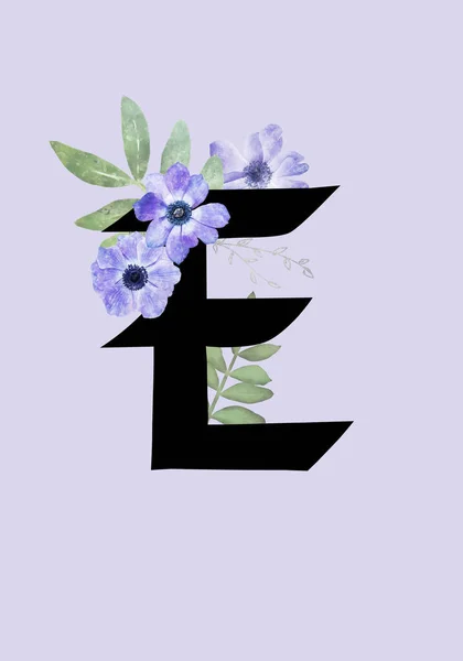 Bloemen Monogram Letter Versierd Met Blauwe Anemoon Bloemen Aquarel Bladeren — Stockfoto