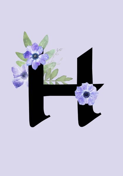 Virágos Monogram Levél Díszített Kék Anemone Virágok Akvarell Levelek — Stock Fotó