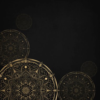 Antrasit arka planında izole edilmiş altın renkli parlak çiçek formları. Mandala. Altın lüks, zarif bir çiçek tasarımı. Resim şablonu.