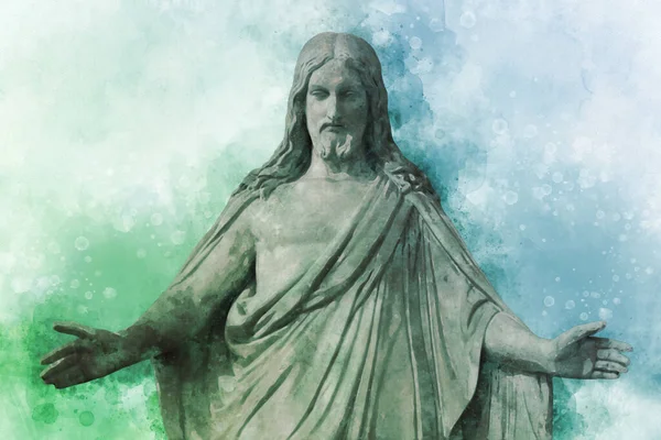 Aquarelverf Schilderij Van Middeleeuwse Kerk Standbeeld Van Jezus Christus Met — Stockfoto
