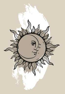 Grafik çizimi. Güneş ve ay çizgisi sanat, bej desenli arkaplan.
