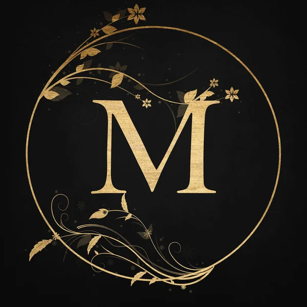 Luxury Boutique Letter M Monogram Logo, Vintage Golden Badge With Elegant Floral Design