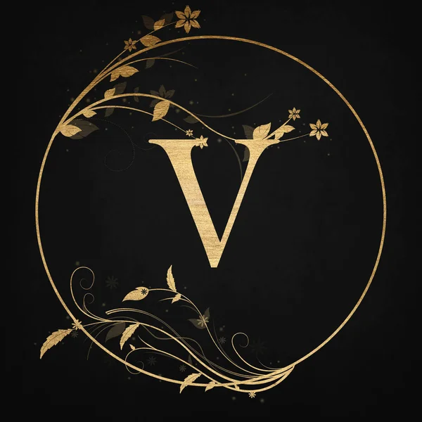 Luxury Boutique Letter V Monogram Logo, Vintage Golden Badge With Elegant Floral Design