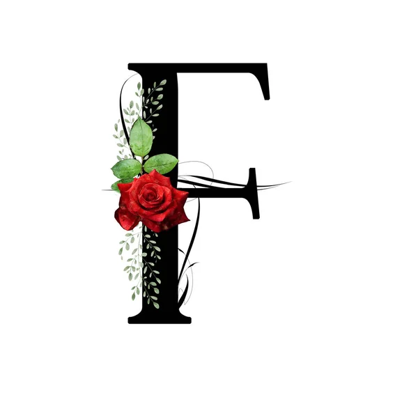 Квіткова Монограма Літера Прикрашена Червоною Трояндою Листям Акварелі — стокове фото